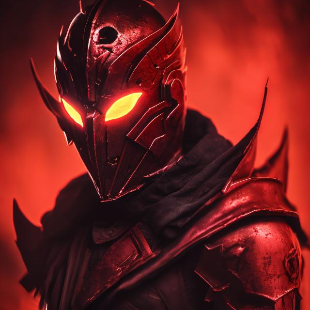 Prompt: crimson wings, demon, unholy, hellish background, dark dimming light, masculine, humanoid, crimson armor, mysterious, face covered, masked helmet, red glowing eyes.