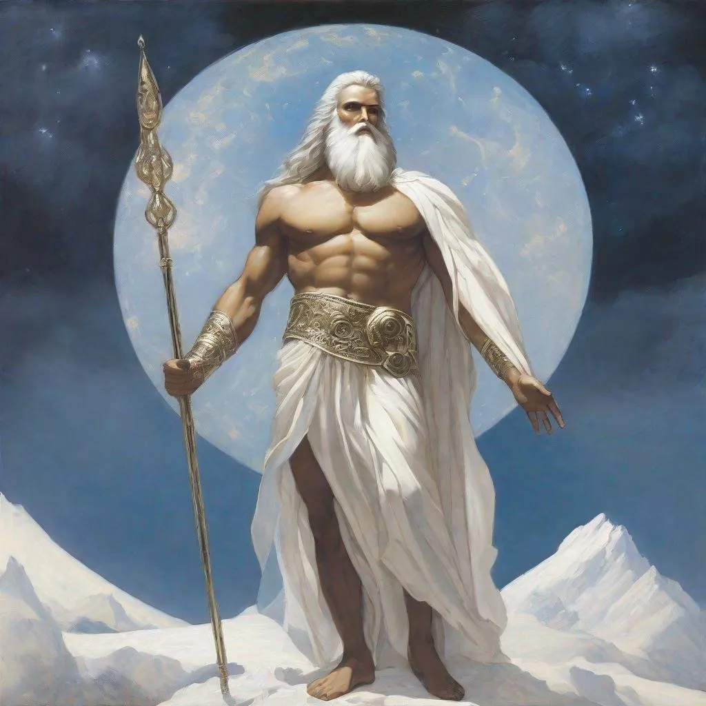 Prompt: The Primordial God of the Sky, Ouranos, he stands on a mountain with a white air and a white beard with a white loincloth.