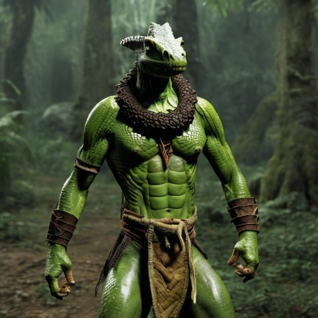 Prompt: a green muscular reptile breed with scales, leather straps, and a loincloth on the waist of the body standing in a forest tribe with an angry look.