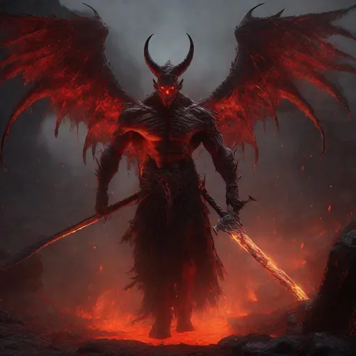 Prompt: An ancient winged demon, walking out of a bloodbath, holding a fiery sword, lava, stalctites, dripping, detailed scene, digital painting, glowing red eyes, smokey, foggy, hyperrealistic, fantasy, Surrealist, artstation, highly detailed, sharp focus, wide angle shot, sci-fi, stunningly beautiful, dystopian, cinematic lighting, dark fantasy, chromatic aberration, colorgrading, rim lighting, cinematic lighting, studio lighting, ray tracing, red back lighting. 