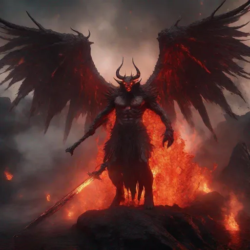 Prompt: An ancient winged demon, walking out of a bloodbath, holding a fiery sword, lava, stalctites, dripping, detailed scene, digital painting, glowing red eyes, smokey, foggy, hyperrealistic, fantasy, Surrealist, artstation, highly detailed, sharp focus, wide angle shot, sci-fi, stunningly beautiful, dystopian, cinematic lighting, dark fantasy, chromatic aberration, colorgrading, rim lighting, cinematic lighting, studio lighting, ray tracing, red back lighting. 