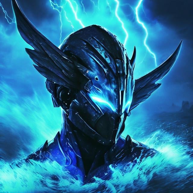 Prompt: sapphire wings, demon, ocean background, shining, masculine, humanoid, sapphire armor, mysterious, face covered, masked helmet, light blue glowing eyes, lightning, storms, whirlpools, huge waves, water, trident, Atlantis.