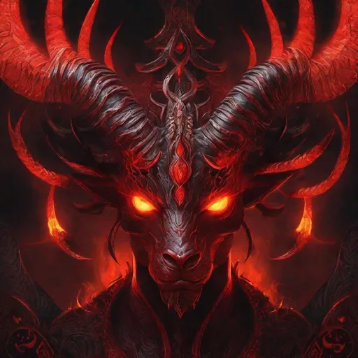 Prompt: Archdemon Aamon, digital painting, imposing horns, fiery eyes, intricate demonic symbols, high quality, dark fantasy, intense red tones, dramatic lighting