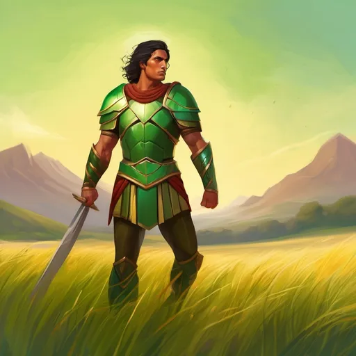 Prompt: A young spartan general. She wears a green hoplite armor. Black hair. Plain Grass field background. D&d art. 2d art. 2d. Well draw face. Detailed. 