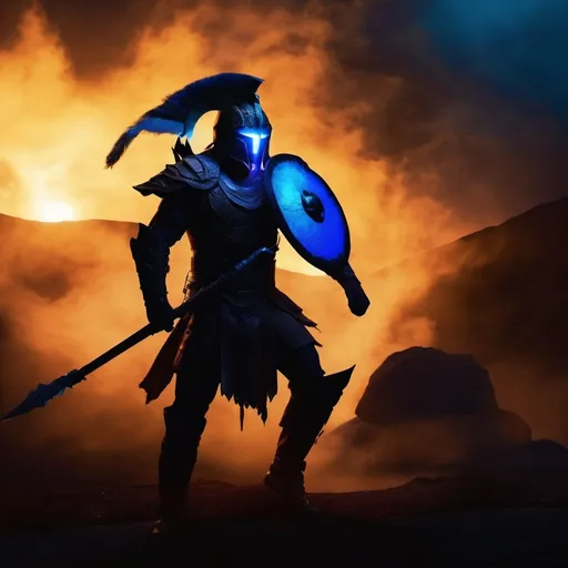 Prompt: (shadow entity warrior), hoplite armor, (glowing blue eyes) under the helmet, dramatic dark background, (mysterious atmosphere), shadows and contrast, high depth, cinematic composition, (highly detailed), captivating and intense mood, (ultra-detailed), mythical and powerful presence, silhouette effects, dynamic pose, infused with an essence of ancient battles.