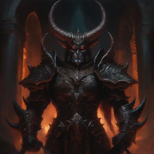 Prompt: Archdemon Azazel in dark fantasy oil painting, imposing figure with menacing horns, intricate demonic armor, glowing eyes, smoky and eerie atmosphere, high contrast lighting, rich and dark color tones, high quality, detailed shadows, demonic, dark fantasy, oil painting, menacing horns, glowing eyes, eerie atmosphere, high contrast lighting, rich color tones
