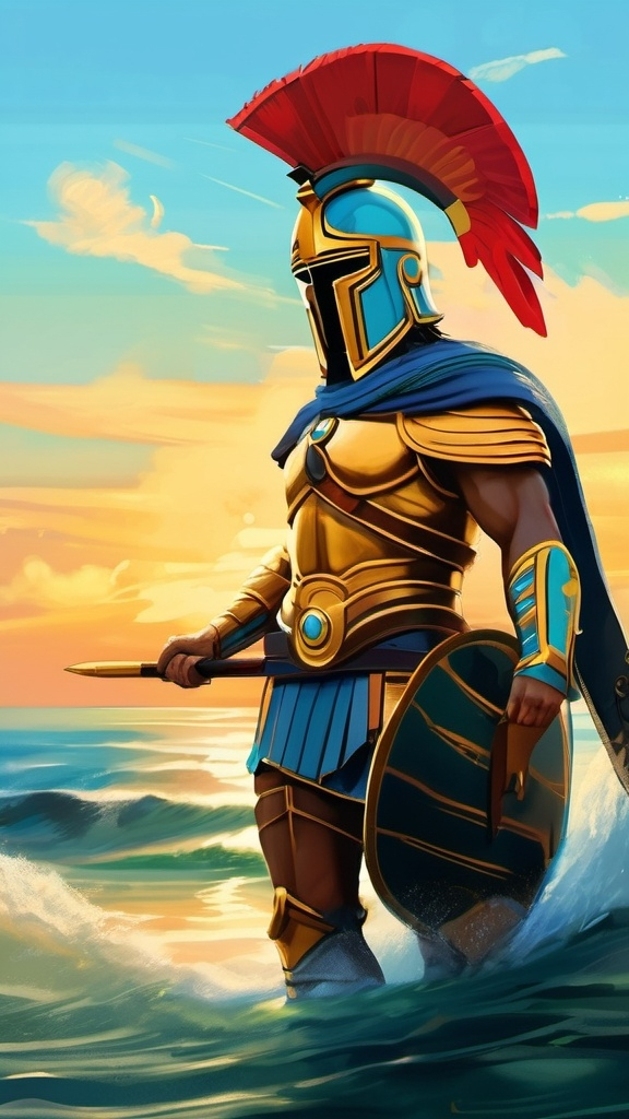 Prompt: A young spartan general. He wears a light blue hoplite armor. He wears a gold hoplite helmet. Black hair. Ocean background. D&d art. 2d art. 2d. Well draw face. Detailed. 