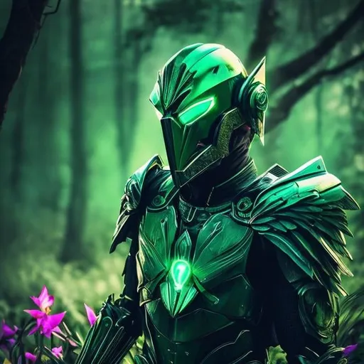 Prompt: emerald wings, forest background, shining light, masculine, humanoid, emerald armor, mysterious, face covered, masked helmet, green glowing eyes, Earth, sky, flowers, grass, plants.