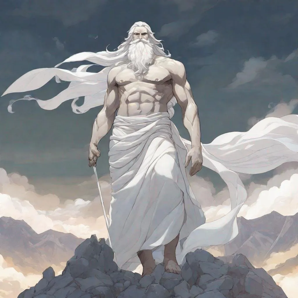 Prompt: The Primordial God of the Sky, Ouranos, he stands on a mountain with a white air and a white beard with a white loincloth.