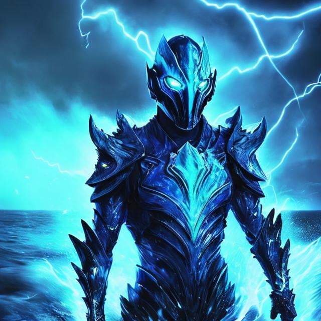 Prompt: sapphire wings, demon, ocean background, shining, masculine, humanoid, sapphire armor, mysterious, face covered, masked helmet, light blue glowing eyes, lightning, storms, whirlpools, huge waves, water, trident, Atlantis.