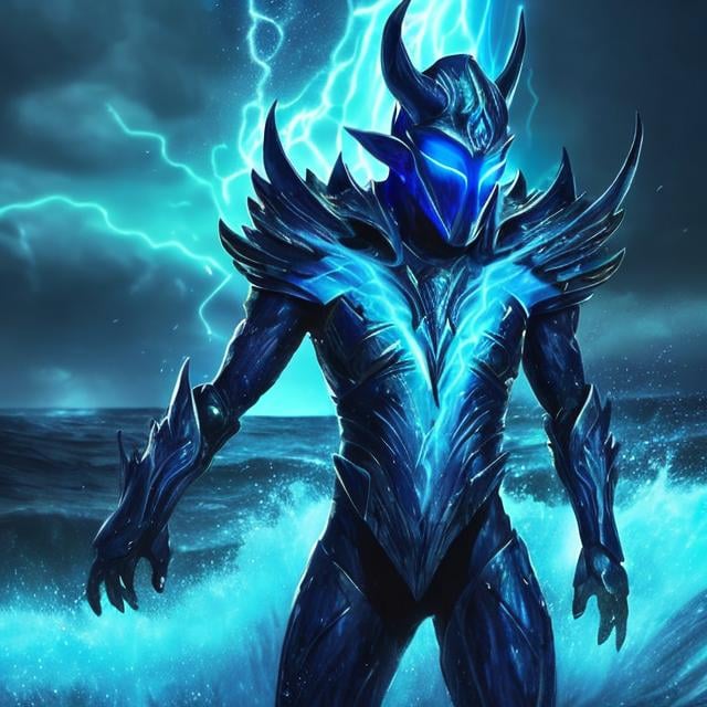 Prompt: sapphire wings, demon, ocean background, shining, masculine, humanoid, sapphire armor, mysterious, face covered, masked helmet, light blue glowing eyes, lightning, storms, whirlpools, huge waves, water, trident, Atlantis.