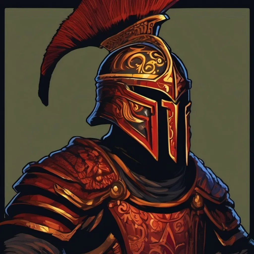 Prompt: A shadow warrior. He wears a hoplite armor. He has his helmet under an arm. Dark background. D&d art. 2d art. 2d. Well draw face. Detailed. 