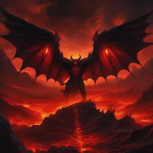 Prompt: Detailed digital painting of Demon Mammon, ominous black and crimson color tones, hellish landscape with lava rivers, towering demon with gigantic wings, fiery eyes and menacing grin, highres, ultra-detailed, digital painting, demonic, ominous, menacing, hellish landscape, fiery eyes, towering wings, black and crimson, professional, atmospheric lighting