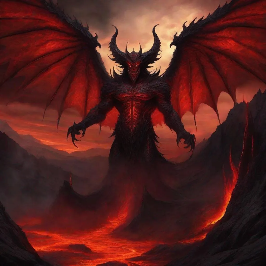 Prompt: Detailed digital painting of Demon Mammon, ominous black and crimson color tones, hellish landscape with lava rivers, towering demon with gigantic wings, fiery eyes and menacing grin, highres, ultra-detailed, digital painting, demonic, ominous, menacing, hellish landscape, fiery eyes, towering wings, black and crimson, professional, atmospheric lighting