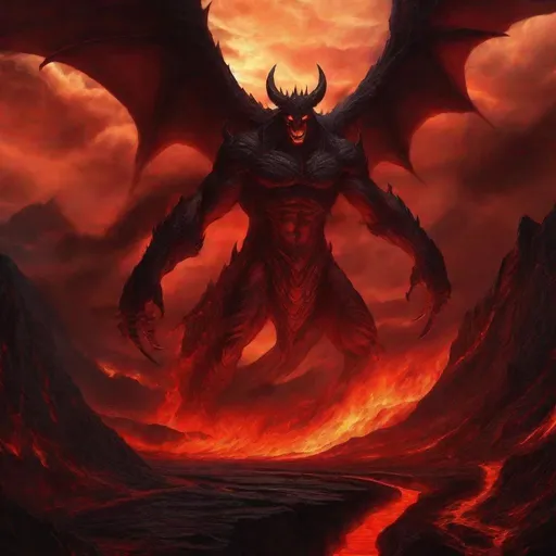 Prompt: Detailed digital painting of Demon Mammon, ominous black and crimson color tones, hellish landscape with lava rivers, towering demon with gigantic wings, fiery eyes and menacing grin, highres, ultra-detailed, digital painting, demonic, ominous, menacing, hellish landscape, fiery eyes, towering wings, black and crimson, professional, atmospheric lighting