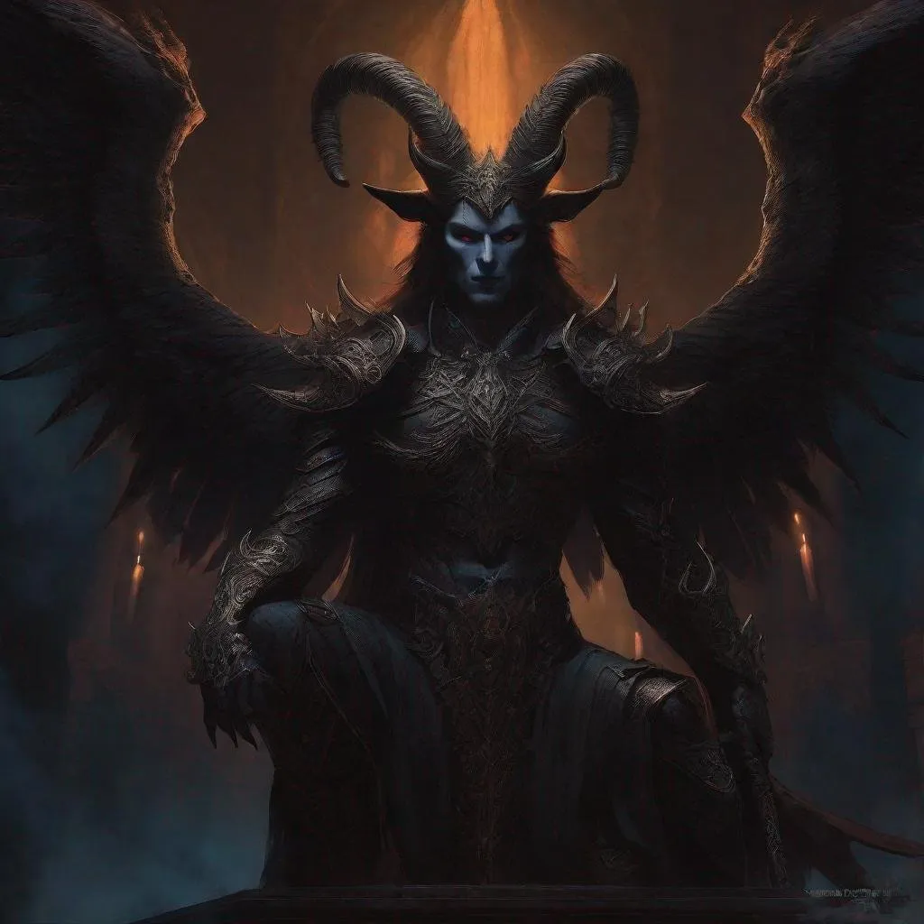 Prompt: Archdemon Aamon, digital painting, imposing figure with horns and wings, ominous atmosphere, dark and foreboding color palette, intricate details, high quality, dark fantasy, demonic, imposing horns, menacing wings, eerie glow, haunting, detailed digital painting, ominous presence, shadowy lighting