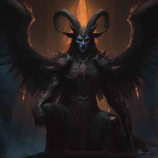 Prompt: Archdemon Aamon, digital painting, imposing figure with horns and wings, ominous atmosphere, dark and foreboding color palette, intricate details, high quality, dark fantasy, demonic, imposing horns, menacing wings, eerie glow, haunting, detailed digital painting, ominous presence, shadowy lighting