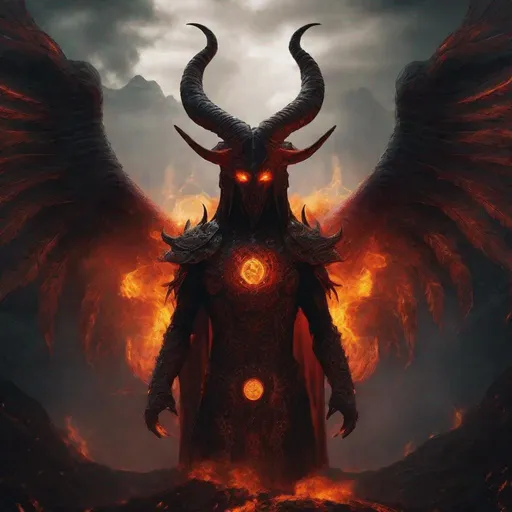Prompt: Archdemon Andras, digital art, fiery demonic presence, imposing figure, intricate demonic symbols, intense glowing eyes, dark and sinister atmosphere, high definition, dark fantasy, fiery tones, dramatic lighting, menacing aura, detailed horns and wings, surreal and otherworldly