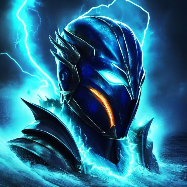 Prompt: sapphire wings, demon, ocean background, shining, masculine, humanoid, sapphire armor, mysterious, face covered, masked helmet, light blue glowing eyes, lightning, storms, whirlpools, huge waves, water, trident, Atlantis.