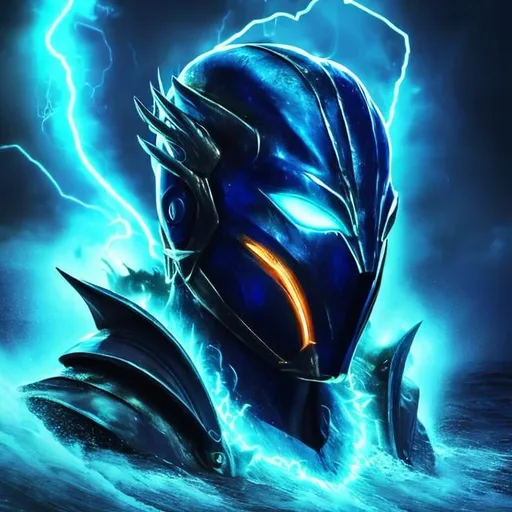 Prompt: sapphire wings, demon, ocean background, shining, masculine, humanoid, sapphire armor, mysterious, face covered, masked helmet, light blue glowing eyes, lightning, storms, whirlpools, huge waves, water, trident, Atlantis.