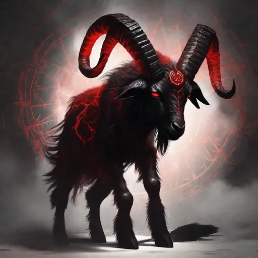 Prompt: Goat demon humanoid creature, dark magical summoning circle, eerie glowing symbols, horned creature with glowing eyes, sinister atmosphere, hellish red and black color tones, high contrast, detailed fur and horns, demonic visage, unsettling presence, high quality, dark fantasy, mystical, menacing aura, glowing runes, sinister lighting
