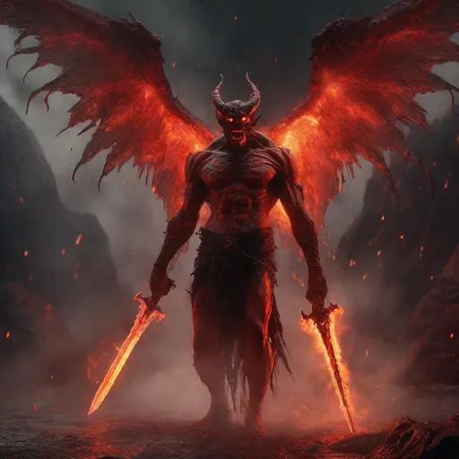 Prompt: An ancient winged demon, walking out of a bloodbath, holding a fiery sword, lava, stalctites, dripping, detailed scene, digital painting, glowing red eyes, smokey, foggy, hyperrealistic, fantasy, Surrealist, artstation, highly detailed, sharp focus, wide angle shot, sci-fi, stunningly beautiful, dystopian, cinematic lighting, dark fantasy, chromatic aberration, colorgrading, rim lighting, cinematic lighting, studio lighting, ray tracing, red back lighting. 