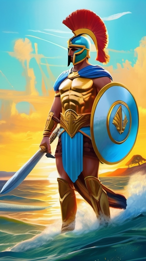 Prompt: A white male young spartan general. He wears a light blue hoplite armor. He wears a gold hoplite helmet. Black hair. Ocean background. D&d art. 2d art. 2d. Well draw face. Detailed. 