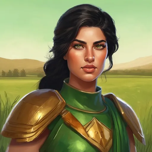 Prompt: A young spartan general. She wears a green hoplite armor. Black hair. Plain Grass field background. D&d art. 2d art. 2d. Well draw face. Detailed. 