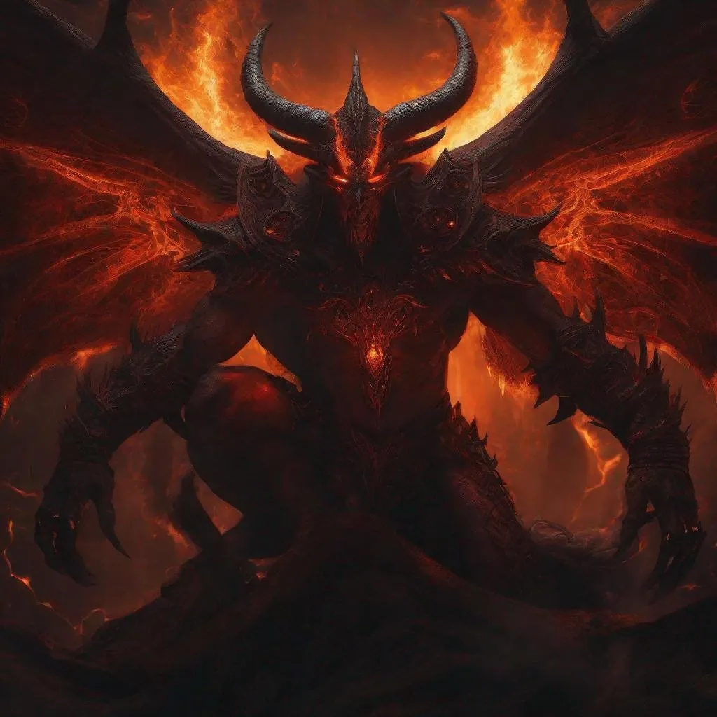 Prompt: Archdemon Andras, digital art, fiery demonic presence, imposing figure, intricate demonic symbols, intense glowing eyes, dark and sinister atmosphere, high definition, dark fantasy, fiery tones, dramatic lighting, menacing aura, detailed horns and wings, surreal and otherworldly