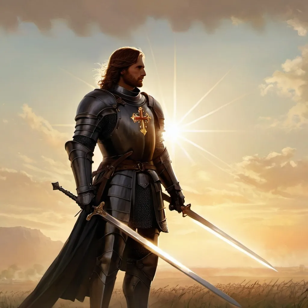 Prompt: knight, black armor, detailed cross, battle field, brown hair, tall, majestic, sun light