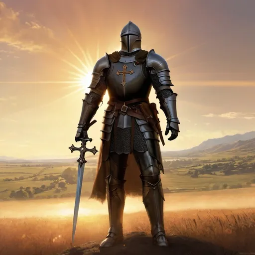 Prompt: knight, black armor, detailed cross, battle field, brown hair, tall, majestic, sun light