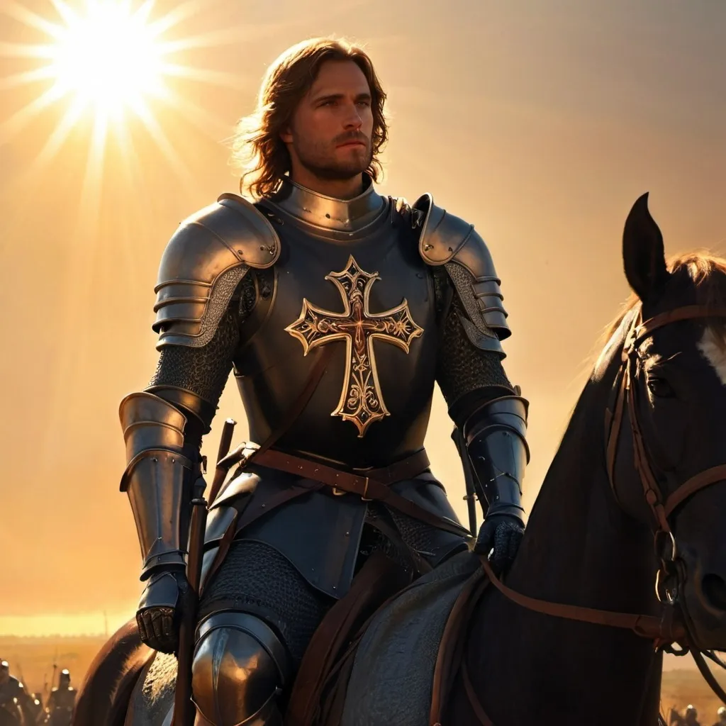 Prompt: knight, black armor, detailed cross, battle field, brown hair, tall, majestic, sun light