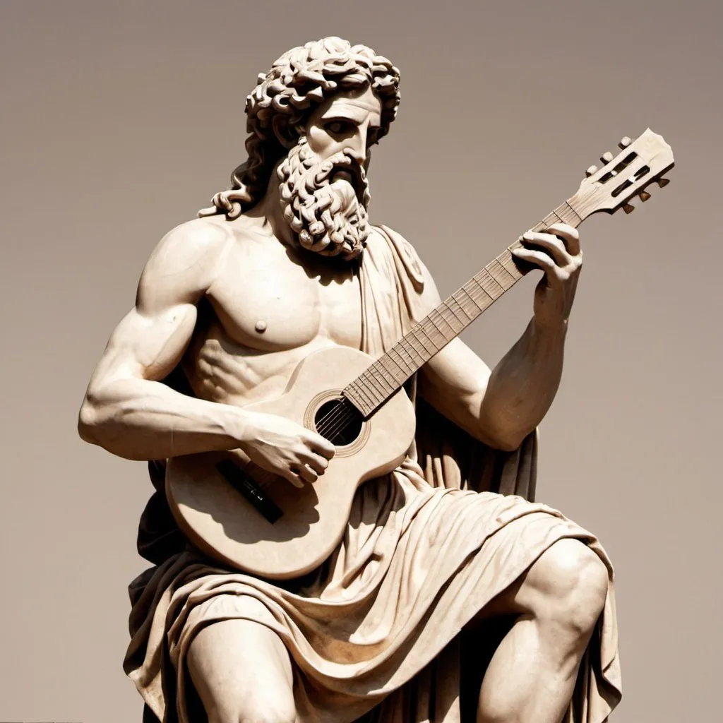 Prompt: Tmolos the Greek primordial god of Mount Tmolos with a guitar in his hands.