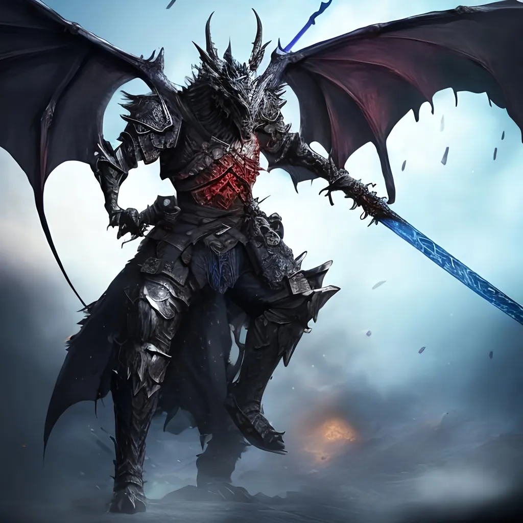 Prompt: masculine, wingless dragon, sword, quiver, glowing eyes, blue, medieval, battlefield, blood.