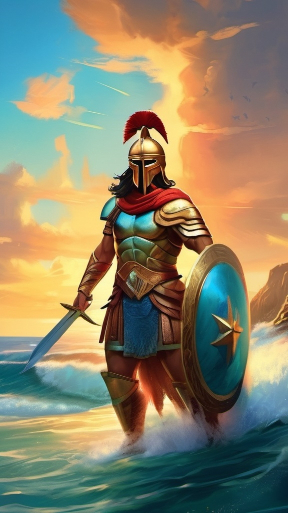 Prompt: A young spartan general. He wears a light blue hoplite armor. He wears a gold hoplite helmet. Black hair. Ocean background. D&d art. 2d art. 2d. Well draw face. Detailed. 