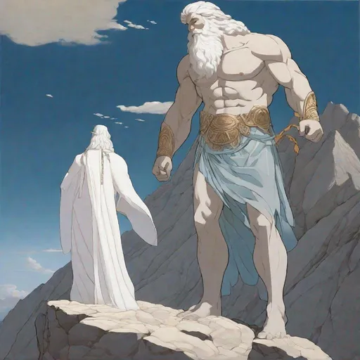 Prompt: The Primordial God of the Sky, Ouranos, he stands on a mountain with a white air and a white beard with a white loincloth.