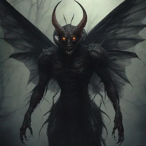 Prompt: Beezlebub illustration, demonic humanoid creature with insect features, dark and foreboding atmosphere, high quality, detailed, horror, dark tones, demonic, insect-like wings, menacing presence, eerie lighting