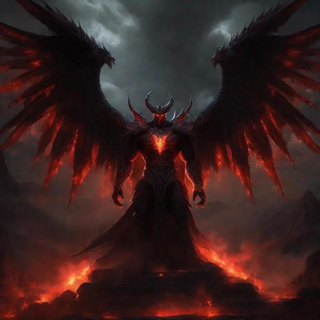 Prompt: Archdemon Abaddon, digital painting, towering demon with smoldering eyes, enormous wings, dark and menacing atmosphere, hellish red and black tones, glowing runes on skin, epic and imposing stance, high quality, detailed digital painting, dark fantasy, intimidating presence, fiery lighting