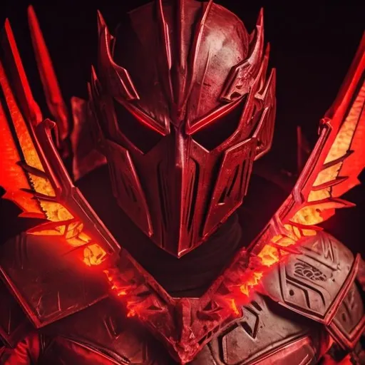 Prompt: crimson wings, demon, unholy, hellish background, dark dimming light, masculine, humanoid, crimson armor, mysterious, face covered, masked helmet, red glowing eyes.