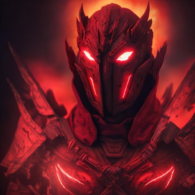 Prompt: crimson wings, demon, unholy, hellish background, dark dimming light, masculine, humanoid, crimson armor, mysterious, face covered, masked helmet, red glowing eyes.