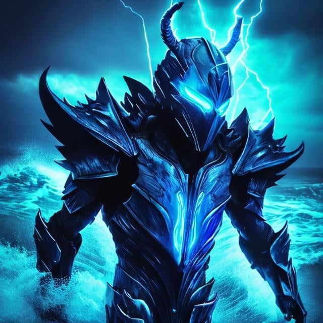Prompt: sapphire wings, demon, ocean background, shining, masculine, humanoid, sapphire armor, mysterious, face covered, masked helmet, light blue glowing eyes, lightning, storms, whirlpools, huge waves, water, trident, atlantis.