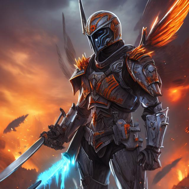 Prompt: full body, full view, topaz wings, battlefield background, bright light, dead soldier, broken swords, broken shields, masculine, humanoid, orange armor, mysterious, face covered, masked helmet, orange glowing eyes.