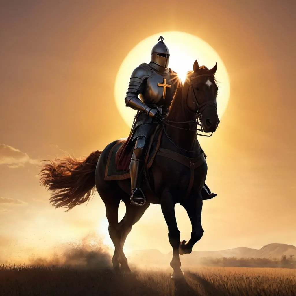 Prompt: knight, black armor, detailed cross, battle field, brown hair, tall, majestic, sun light