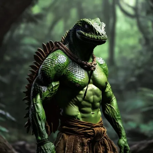 Prompt: a green muscular reptile breed with scales, leather straps, and a loincloth on the waist of the body standing in a forest tribe with an angry look.