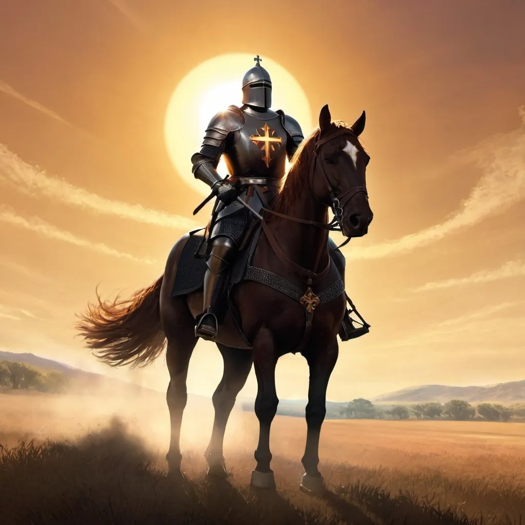 Prompt: knight, black armor, detailed cross, battle field, brown hair, tall, majestic, sun light