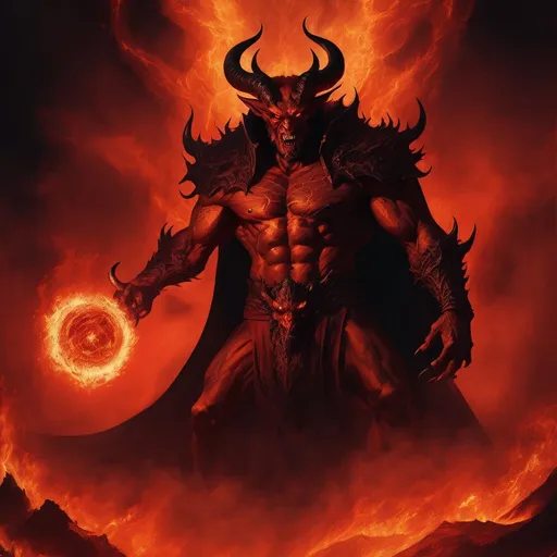 Prompt: Detailed illustration of Demon King Asmodeus, fiery inferno backdrop, imposing demonic figure with towering horns, dark and intimidating presence, high-quality rendering, digital painting, dark fantasy, fiery red tones, menacing aura, intricate armor details, glowing eyes, epic and dramatic lighting, hellish atmosphere