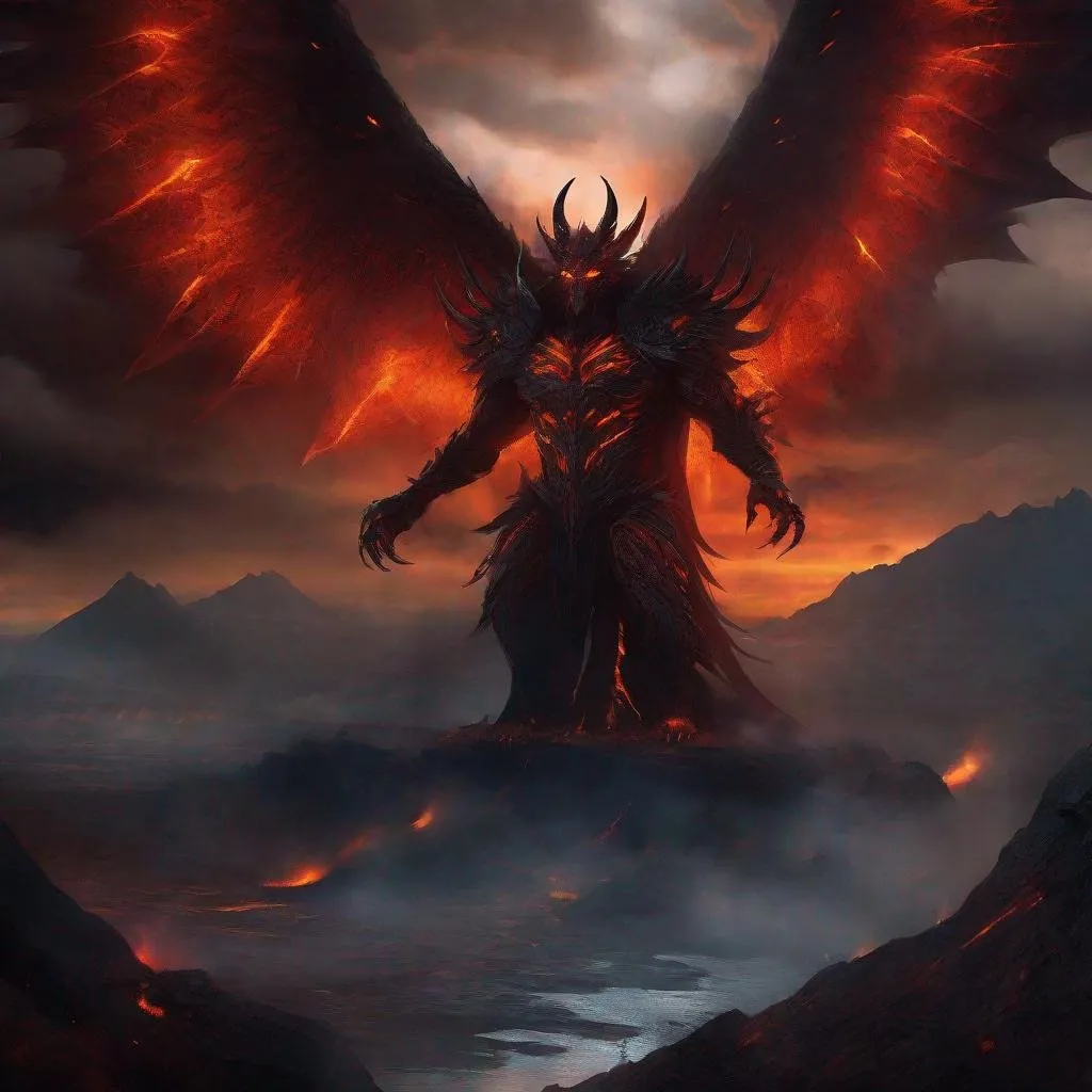 Prompt: Archdemon Apollyon, dark and menacing atmosphere, demonic wings, fiery aura, high-quality rendering, digital painting, intense and sinister expression, sharp and fierce features, glowing eyes, ominous presence, sinister color palette, dramatic lighting, hellish landscape, detailed digital art, highres, ultra-detailed, demonic, dark fantasy, fiery tones, menacing, sinister gaze, professional, dramatic lighting