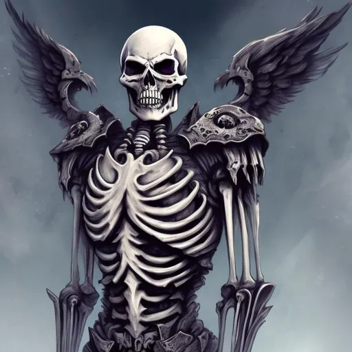 Prompt: full body, full view, skeleton wings, graveyard background, skeleton humanoid, broken chest plate, broken armor, mysterious, skeleton face.