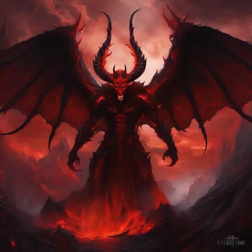 Prompt: Archdemon Satanachia, digital painting, demonic wings, fiery aura, menacing presence, high contrast, dark and ominous, detailed horns, glowing eyes, intense and sinister, infernal power, hellish landscape, epic fantasy, sinister crimson tones, atmospheric lighting, best quality, highres, ultra-detailed, digital painting, fantasy, demonic, sinister tones, fiery glow