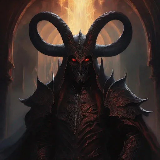 Prompt: Archdemon Azazel in dark fantasy oil painting, imposing figure with menacing horns, intricate demonic armor, glowing eyes, smoky and eerie atmosphere, high contrast lighting, rich and dark color tones, high quality, detailed shadows, demonic, dark fantasy, oil painting, menacing horns, glowing eyes, eerie atmosphere, high contrast lighting, rich color tones